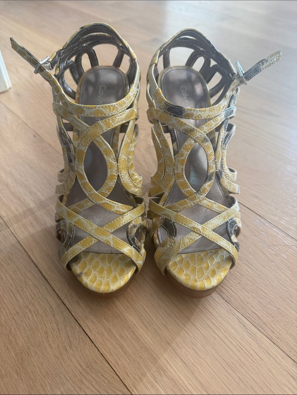 Calvin Klein Yellow Patterned Cutout Heeled Sandals